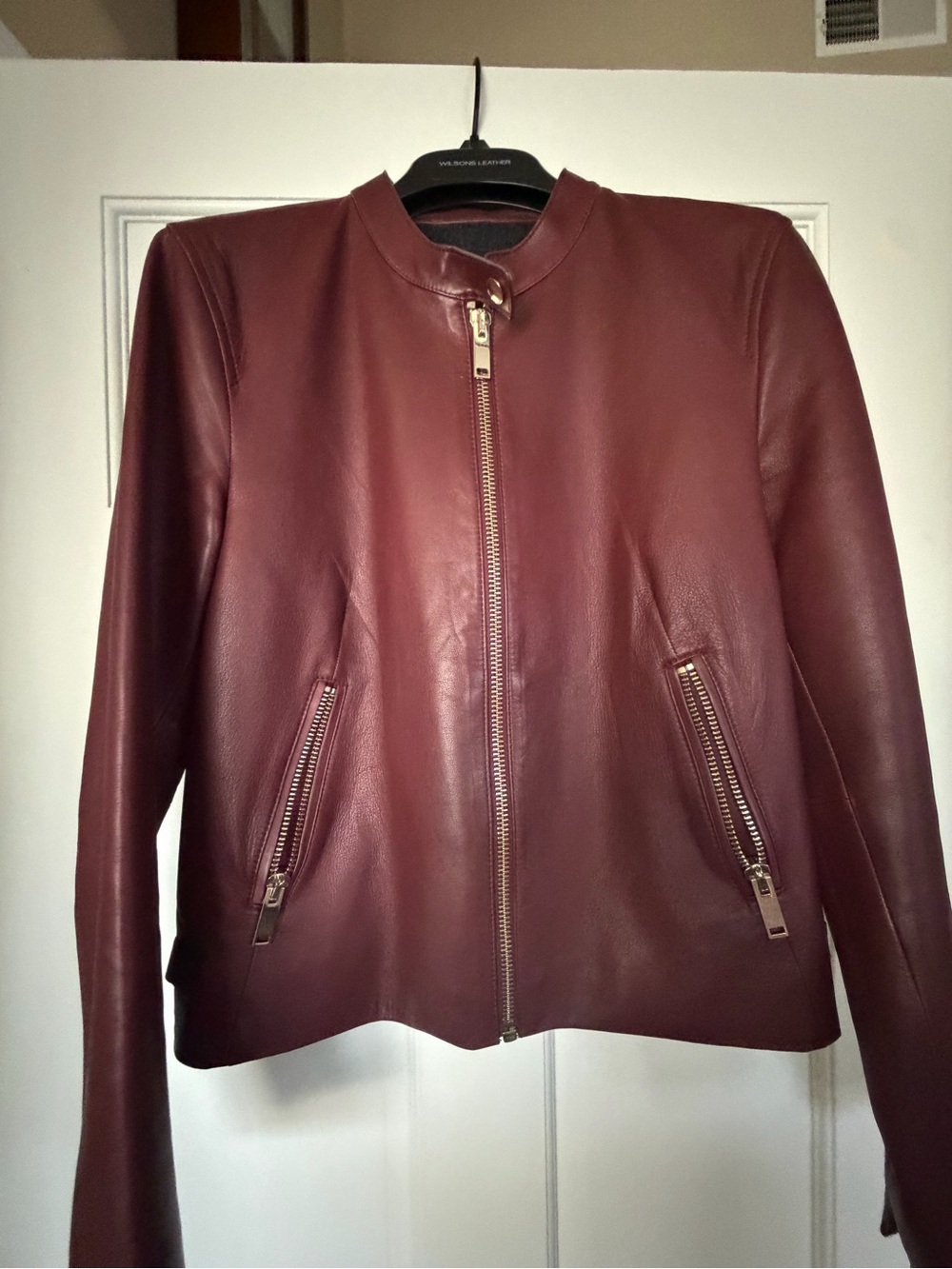 Massimo Dutti Deep Burgundy Leather Zip Jacket